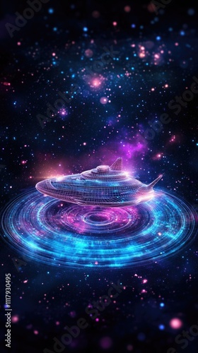 Futuristic wireframe hologram of interstellar spaceship in cosmic scene
