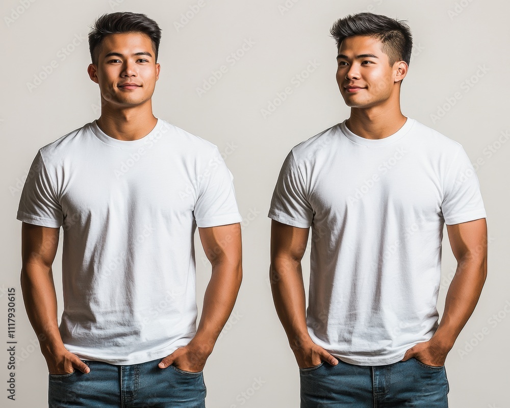 Confident Young Man Posing in Simple White T-Shirt Against Neutral Background, Showcasing Casual Style and Modern Fashion Trends in Studio Setting Confident Young Man Posing in Simple White T-Shirt Against Neutral Background, Showcasing Casual Style and Modern Fashion Trends in Studio Setting