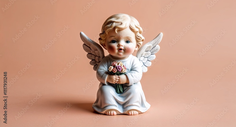 Fototapeta premium A cherubic angel figurine with chubby cheeks and a soft smile on a plain soft blue background