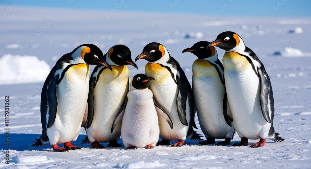 Obraz premium A cheerful penguin family huddled together in the snowy tundra