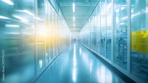 Wallpaper Mural Cleanroom Corridor: A futuristic perspective down a gleaming corridor of a modern cleanroom facility. High-tech, sterile, and innovative.  Torontodigital.ca