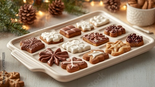 Decorated Christmas Cookies on a White Serving Tray