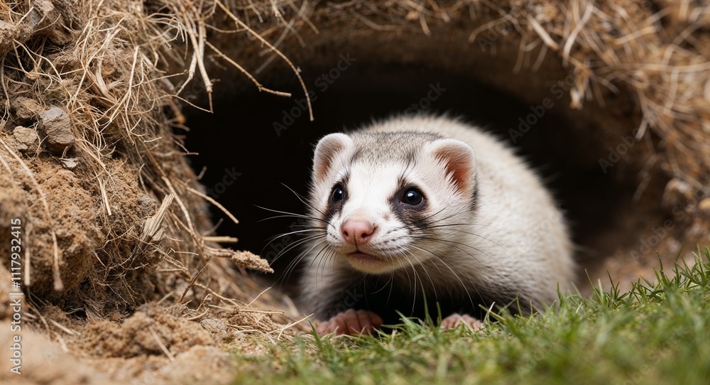 A curious ferret poking its head out of a burrow A curious ferret poking its head out of a burrow
