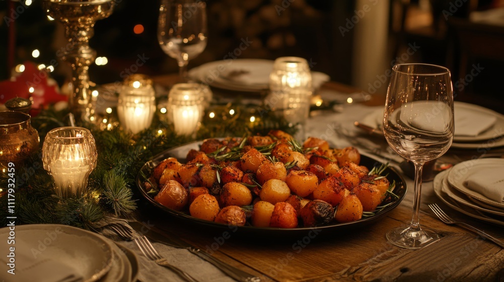 Roasted Potatoes with Rosemary and Candlelight on a Table Setting Roasted Potatoes with Rosemary and Candlelight on a Table Setting