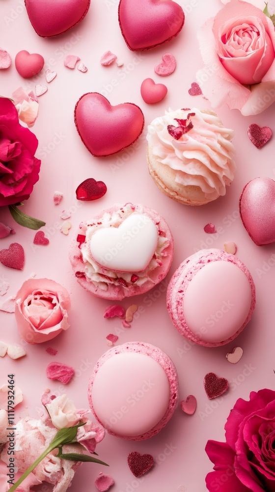 Sweet Romance: A delicate arrangement of pastel-colored macarons, charming heart-shaped decorations, and blossoming roses creates a tender and romantic atmosphere. Sweet Romance: A delicate arrangement of pastel-colored macarons, charming heart-shaped decorations, and blossoming roses creates a tender and romantic atmosphere.