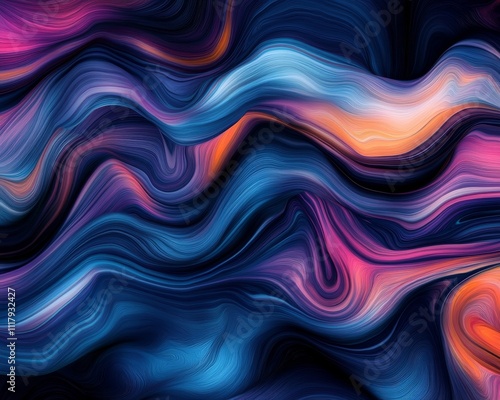 Abstract swirling lines flow dynamically in a dark, vibrant abstract background.