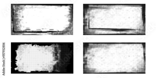 Vector illustration. Black and white grunge distressed banner set. Halftone dots and paint splatter. Ink brush strokes border. Design for social networks, flyer, voucher, coupon, photo frame