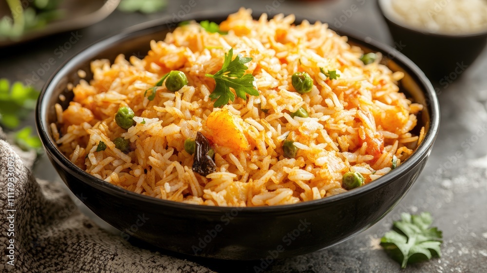 Delicious Vegetable Rice Dish In A Black Bowl Delicious Vegetable Rice Dish In A Black Bowl