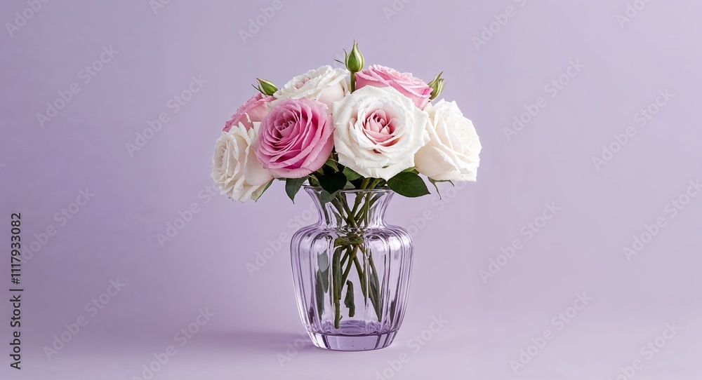 Fototapeta premium A delicate glass vase with a soft pink and white rose bouquet set on a plain soft lilac background