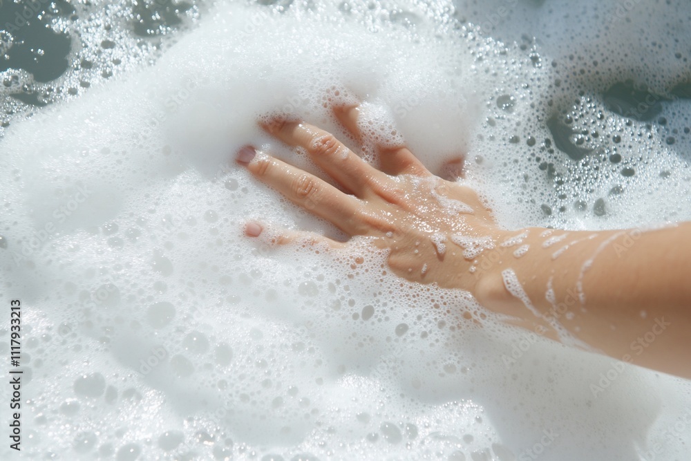 Hand in soapy water, bubbles, foam, cleaning. Hand in soapy water, bubbles, foam, cleaning.