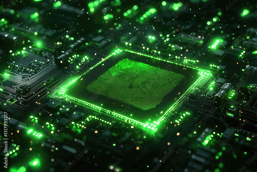A glowing microchip illuminates a circuit board, surrounded by a blurred sci-fi scene, with ample copy space for marketing purposes A glowing microchip illuminates a circuit board, surrounded by a blurred sci-fi scene, with ample copy space for marketing purposes