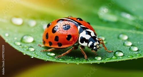 A delightful ladybug resting on a leaf with dew drops