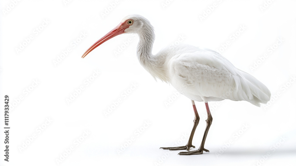 Fototapeta premium Elegant white ibis standing gracefully on a seamless white backdrop, showcasing its long red bill and delicate feathers.