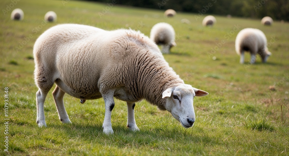 Fototapeta premium A fluffy sheep grazing in a meadow with soft woolly texture