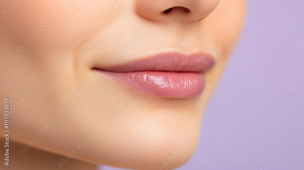 The close-up features permanent makeup on beautifully defined lips, showcasing a natural hue against a soft lilac backdrop The close-up features permanent makeup on beautifully defined lips, showcasing a natural hue against a soft lilac backdrop