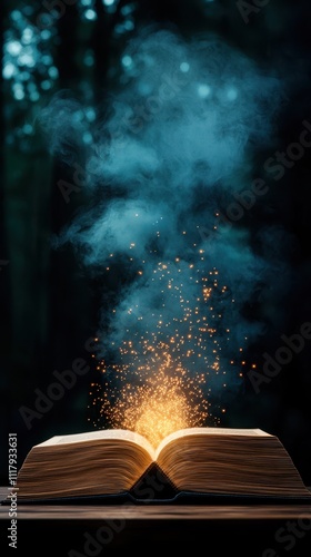 Enchanted Book Opening with Magical Glow and Sparkles in Forest