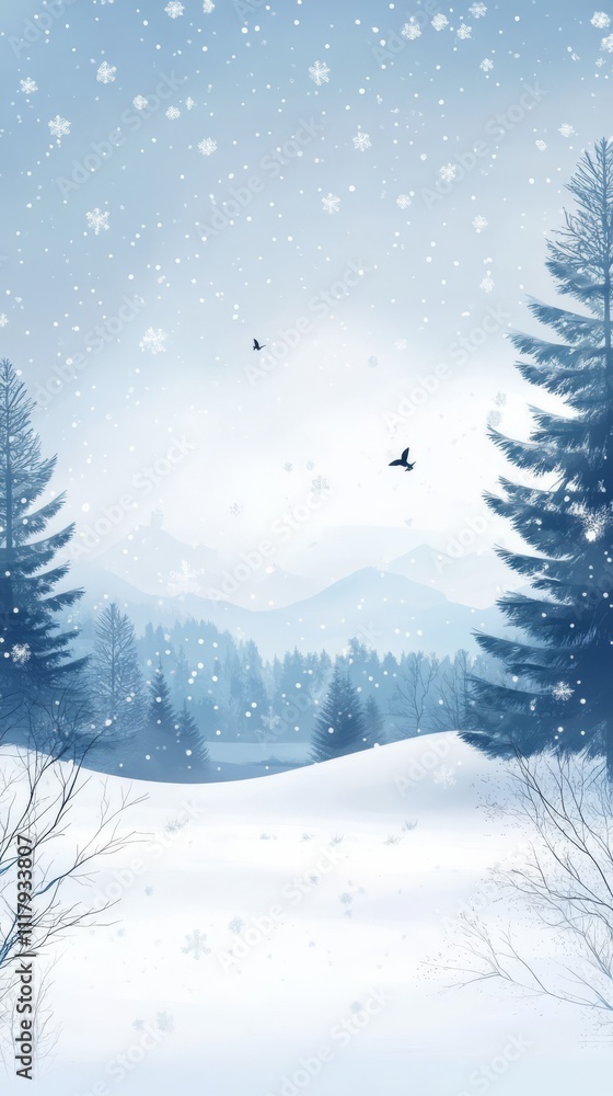 Fototapeta premium Winter Wonderland: A serene winter landscape with snow falling gently over a forest of snow-covered trees, with mountains in the distance and a few birds flying through the snowy sky.