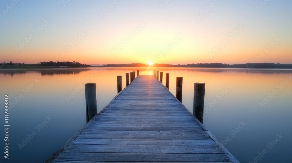 A serene sunrise over a calm lake, viewed from a wooden dock extending into the water. A serene sunrise over a calm lake, viewed from a wooden dock extending into the water.