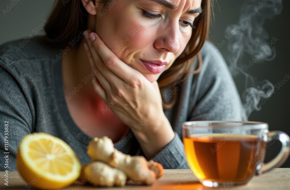 Woman with Sore Throat pain Seeking Relief with Ginger, honey, Tea and Lemon Woman with Sore Throat pain Seeking Relief with Ginger, honey, Tea and Lemon