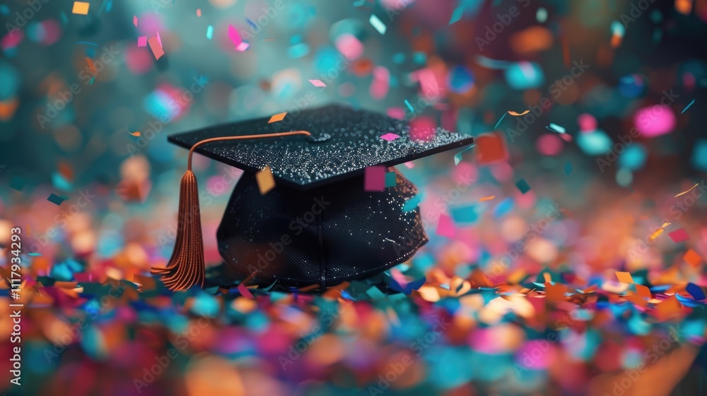 Colorful Celebration: Graduation Cap Amidst Confetti Explosion