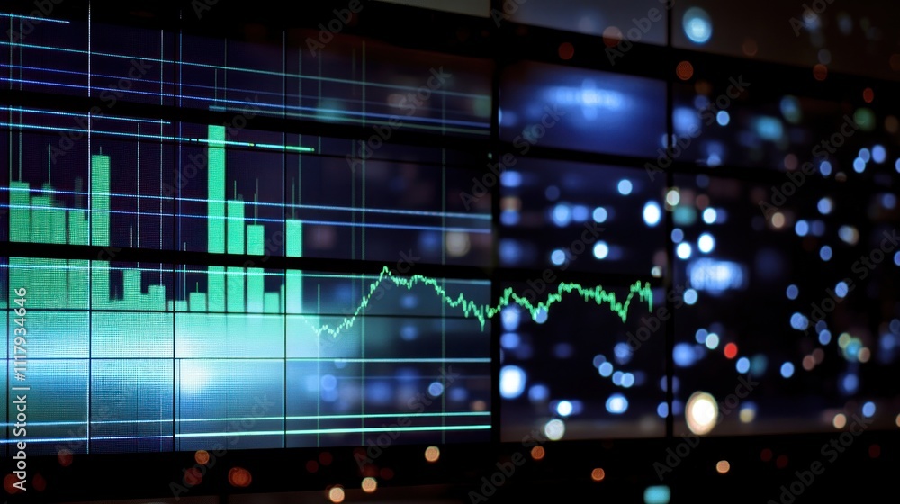 Here's a description and keywords for your stock photo.. Financial data displayed on a large screen, showing stock market trends and city lights. Here's a description and keywords for your stock photo.. Financial data displayed on a large screen, showing stock market trends and city lights.