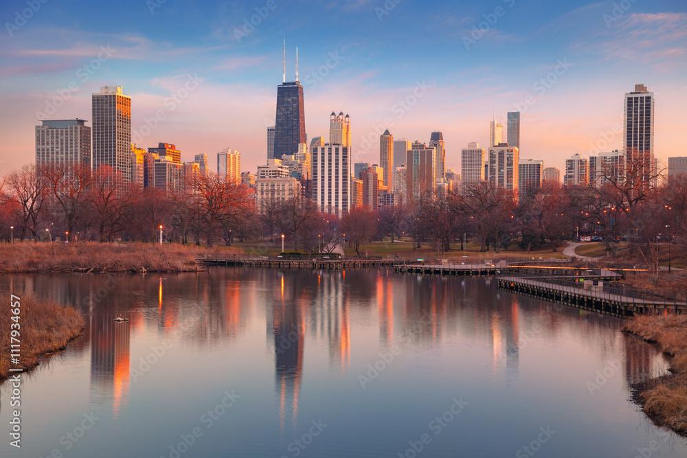 Chicago, Illinois, USA. Cityscape image of Chicago skyline at spring sunset.