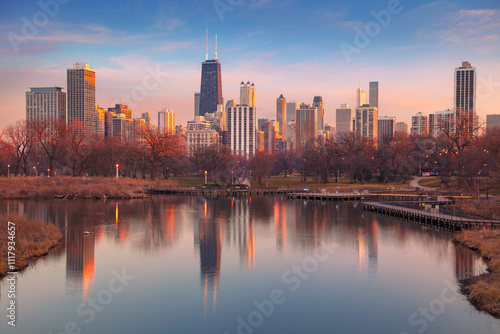 Obraz na płótnie Chicago, Illinois, USA. Cityscape image of Chicago skyline at spring sunset. w salonie