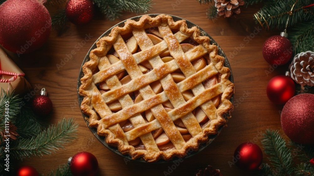 Apple Pie Surrounded by Christmas Ornaments and Pine Branches Apple Pie Surrounded by Christmas Ornaments and Pine Branches