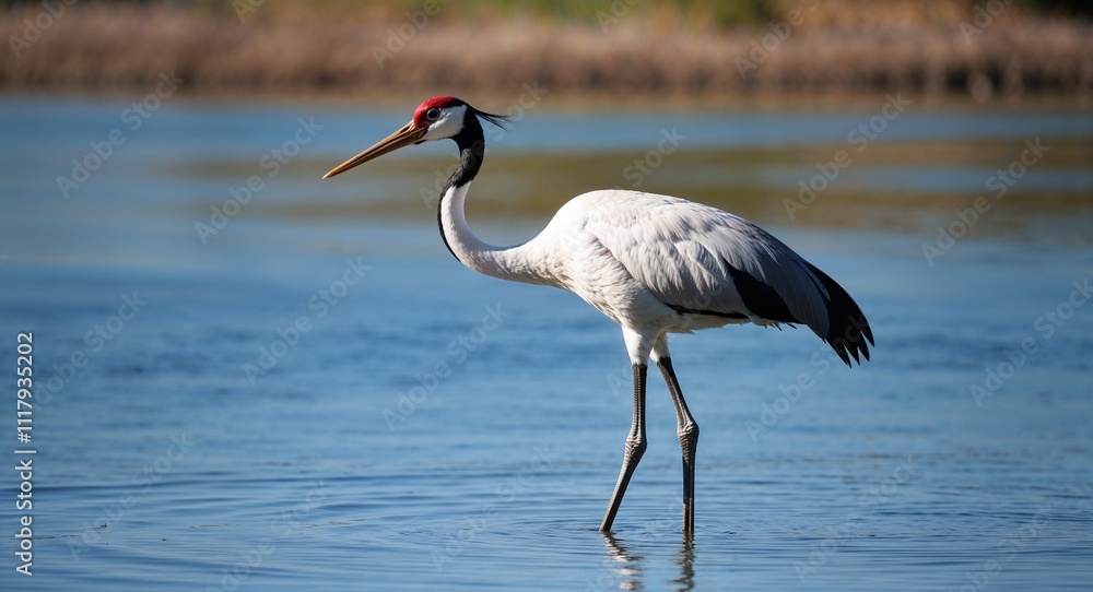 Naklejka premium A graceful crane standing in shallow water with long legs and beak