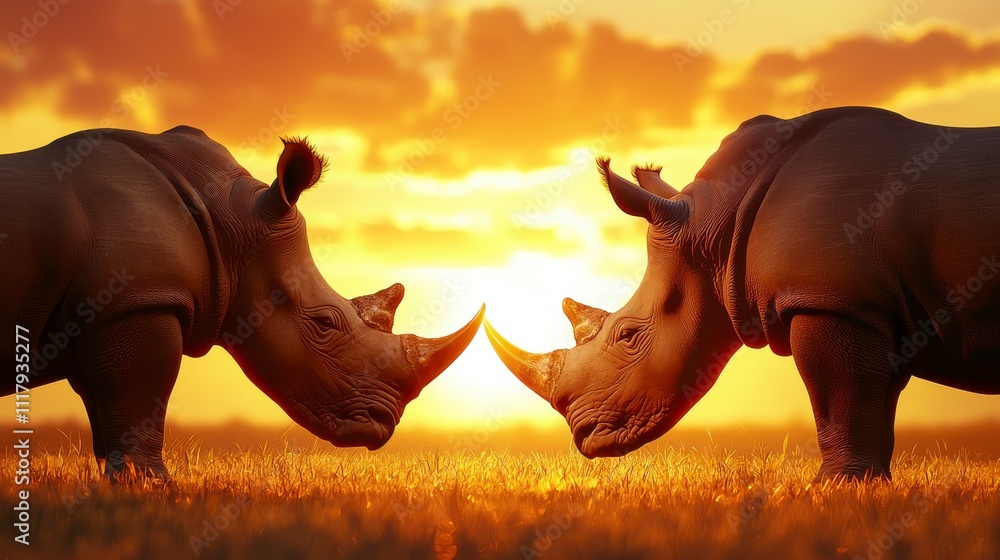 Fototapeta premium Majestic Rhinoceroses Engaging in a Natural Display at Sunset Amidst a Golden Sky and Vibrant Grassland Capturing the Beauty of Wildlife Conservation
