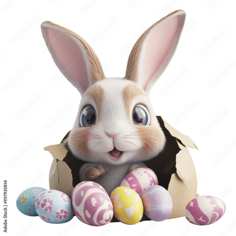 A 3D bunny character peeking out of a hole with eggs scattered around. A 3D bunny character peeking out of a hole with eggs scattered around.
