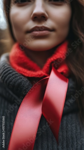 Red Ribbon Hope: Close-up portrait of a young woman with a red ribbon tied around her neck, symbolizing awareness, support, and remembrance.  The focus is on the ribbon and her calm expression.   photo