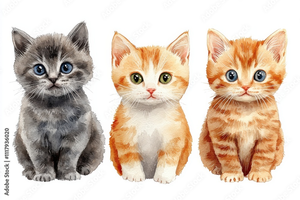Three adorable kittens sitting side by side, showcasing different fur colors and expressions. Three adorable kittens sitting side by side, showcasing different fur colors and expressions.