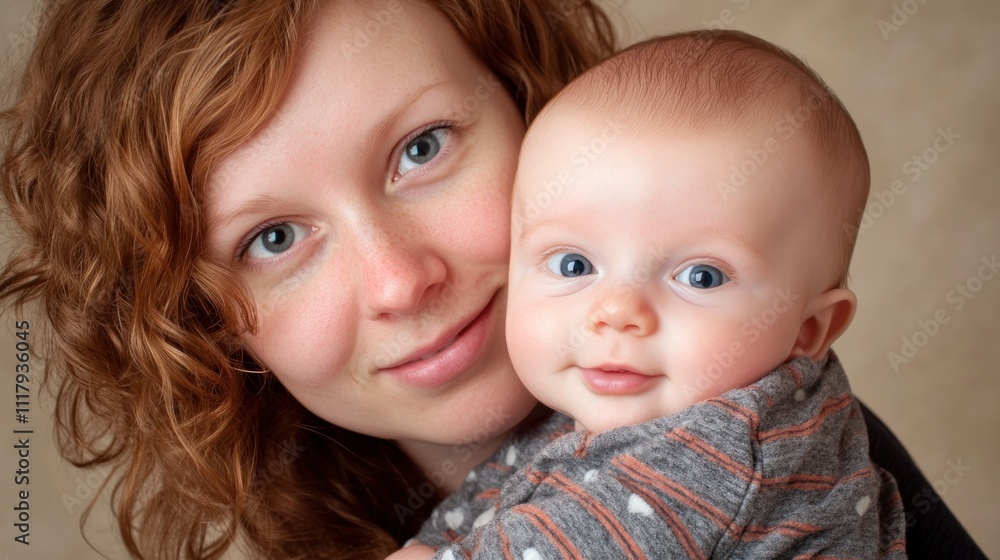 A mother and her baby smiling together in a portrait A mother and her baby smiling together in a portrait
