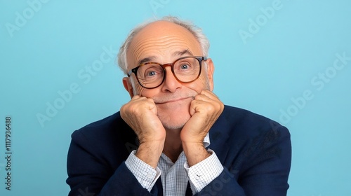 Content Older Gentleman Wearing Glasses Sitting on Soft Gray Pastel Background photo