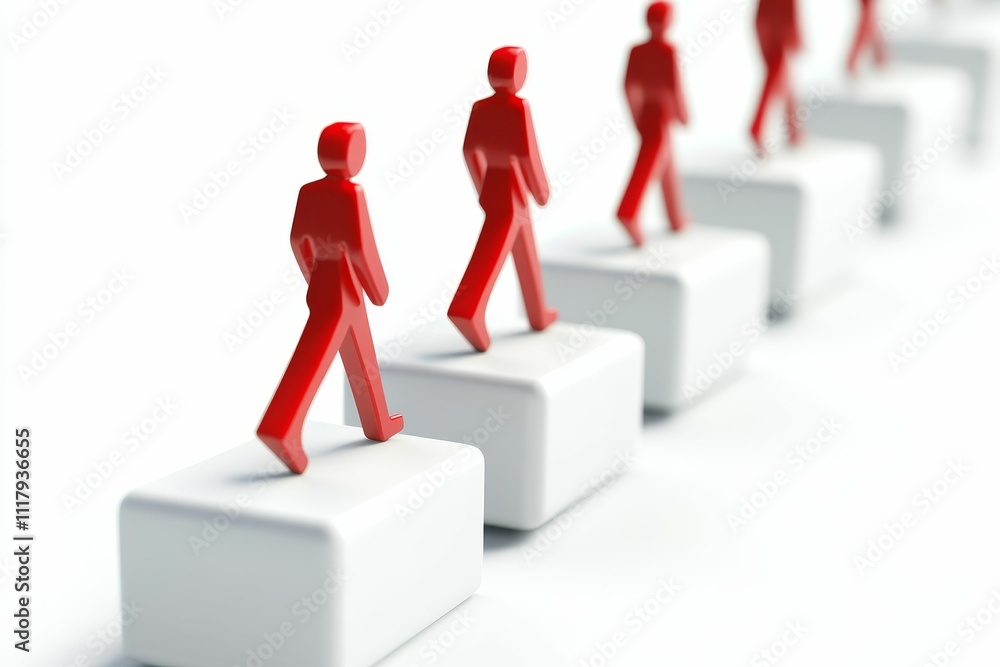 Red figures walk across white cubes, progression. Red figures walk across white cubes, progression.