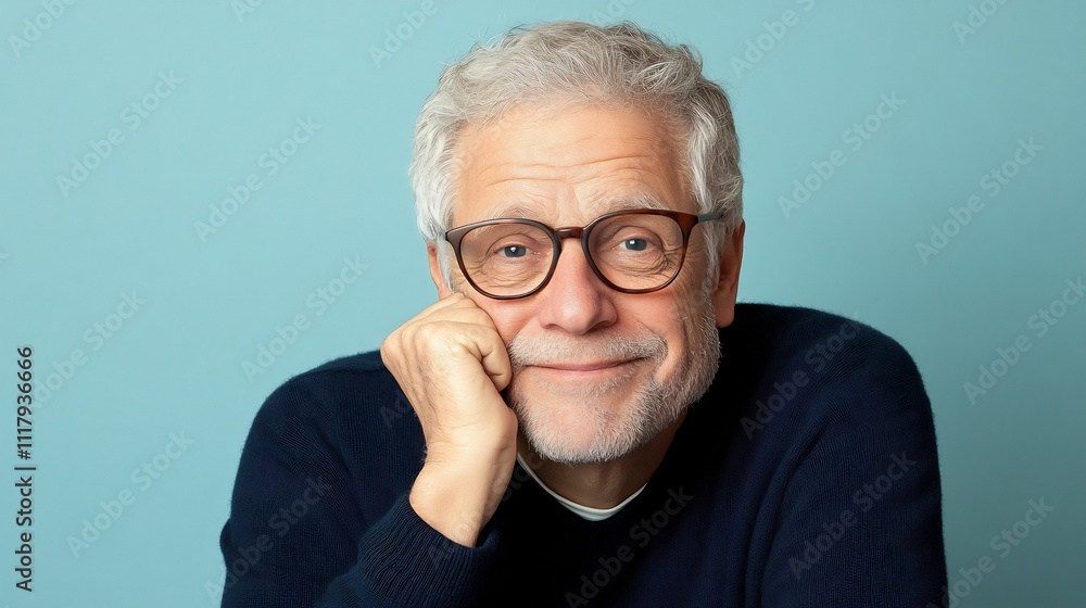 Cheerful Senior Man with Glasses Looking Content on Gray Pastel Background Cheerful Senior Man with Glasses Looking Content on Gray Pastel Background