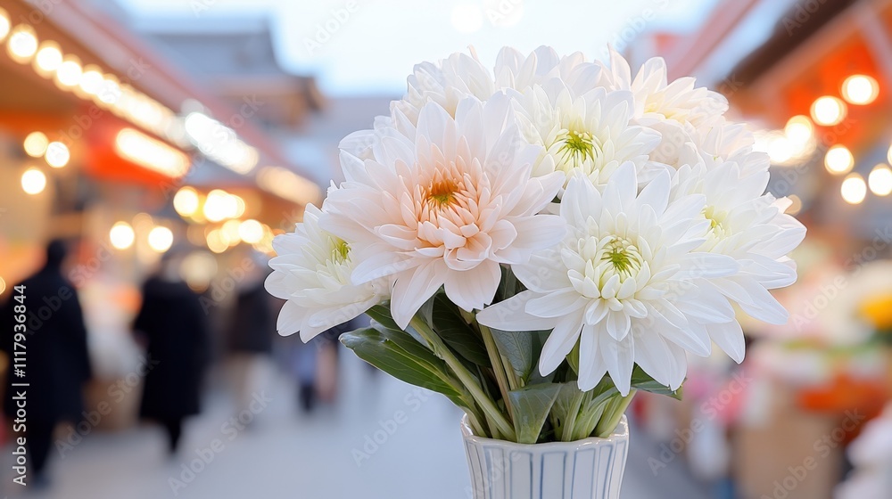 Elegant Bouquet of White and Peach Chrysanthemums in Urban Outdoor Market Setting Elegant Bouquet of White and Peach Chrysanthemums in Urban Outdoor Market Setting