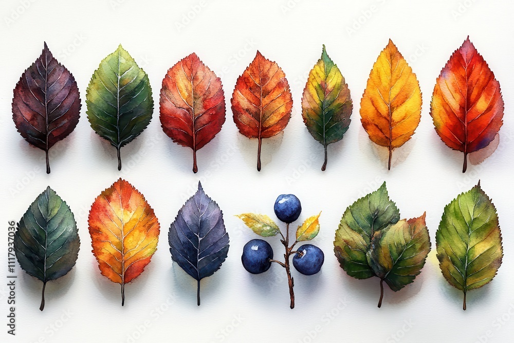 Obraz premium A colorful arrangement of painted leaves and berries showcasing autumn hues and nature's beauty.