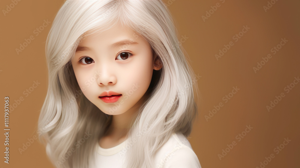Portrait of asian girl child with long white hair creamy beige background. Portrait of asian girl child with long white hair creamy beige background.