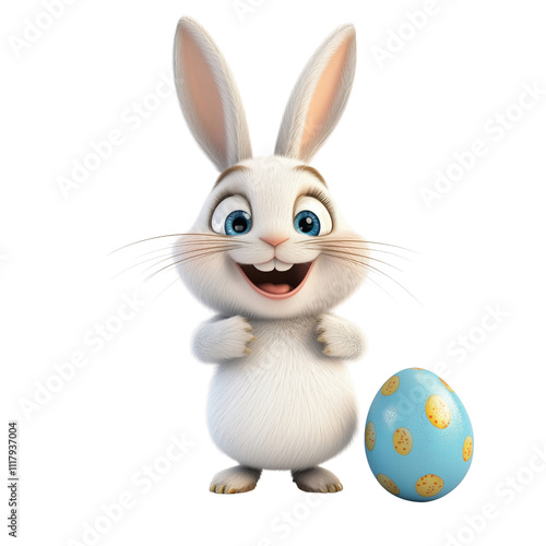 A 3D character with bunny whiskers and a happy smile posing with an egg.