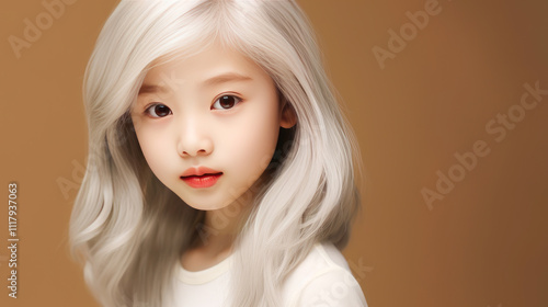 Portrait of asian girl child with long white hair creamy beige background.