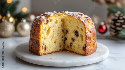 Half of a Sliced, Powdered-Sugar Topped Fruitcake with Raisins