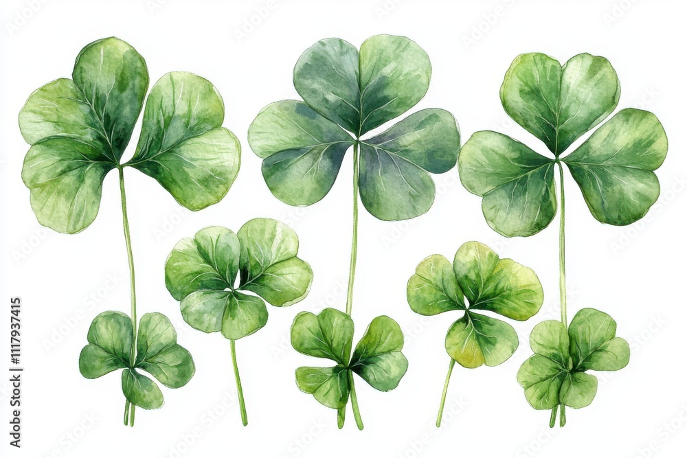 A collection of watercolor clover leaves in various sizes and shades of green. A collection of watercolor clover leaves in various sizes and shades of green.
