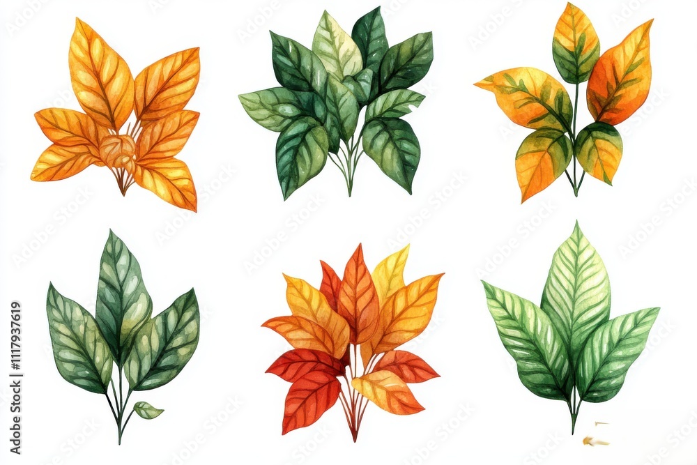 Fototapeta premium A collection of illustrated leaves in various colors and styles.