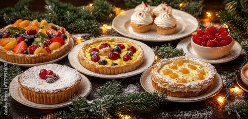 A Christmas brunch spread with an elegant mix of savory and sweet dishes, including quiches and fruit parfaits, presented on a table adorned with snow-dusted pine branches and twinkling lights. photo