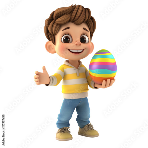 A 3D cartoon character holding a colorful Easter egg.