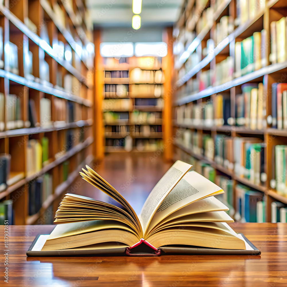 book in library with open textbook book in library with open textbook