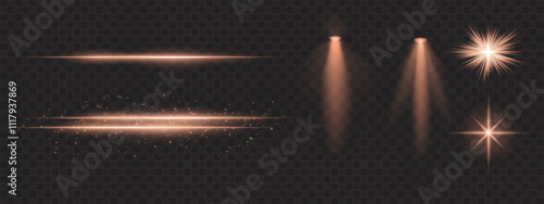 Golden light effects set. Glowing streaks, sparkles, spotlight beams, bright starbursts, warm illumination, decorative particles, radiant design, abstract modern lighting.