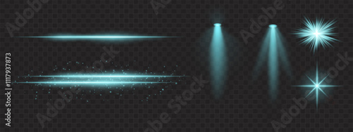 Blue light effects set. Glowing streaks, sparkles, spotlight beams, bright starbursts, warm illumination, decorative particles, radiant design, abstract modern lighting.